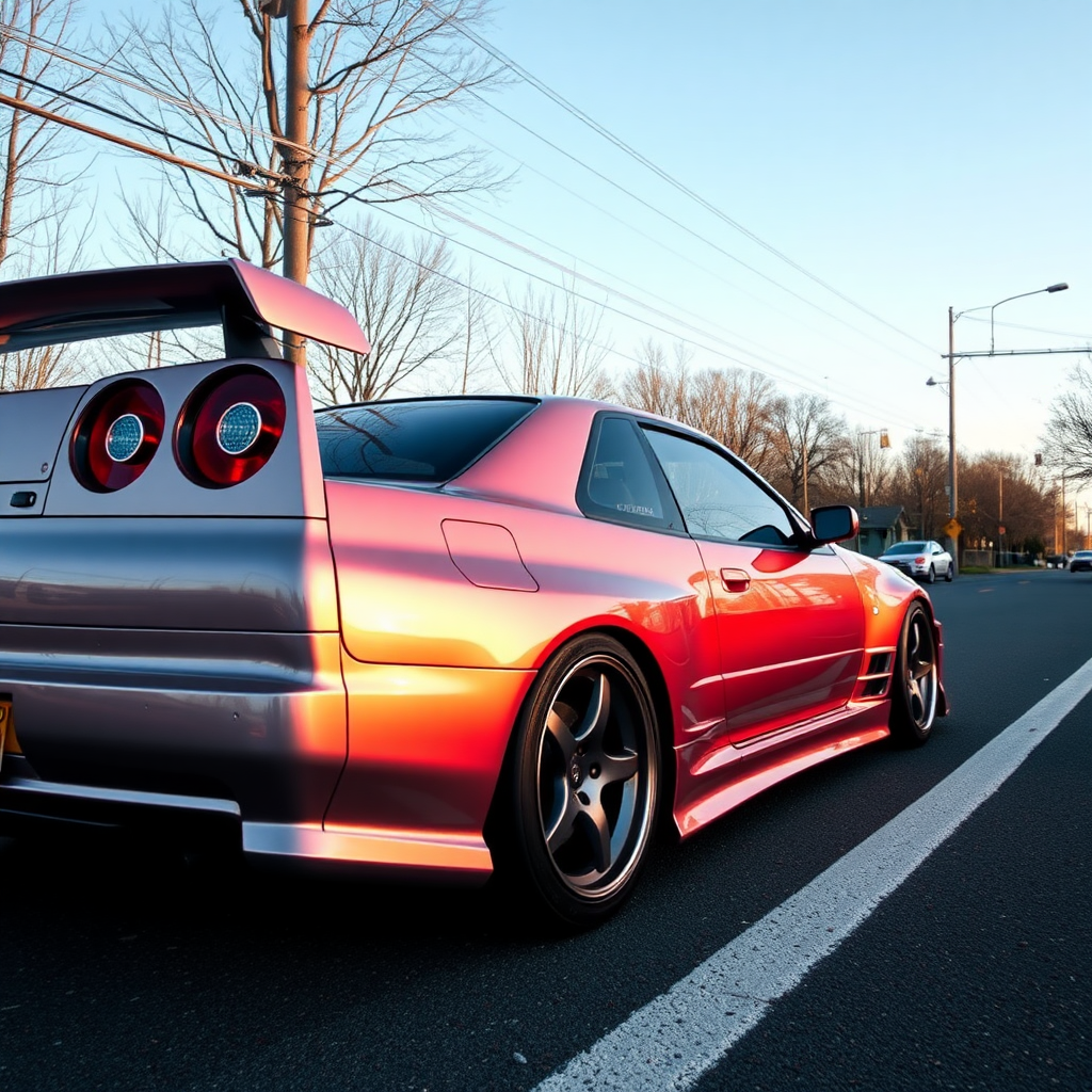 metallic shine nissan skyline r34 the car is parked on the side of the road, inspired by Taiyō Matsumoto, tumblr, restomod, nd4, c4 cold colors