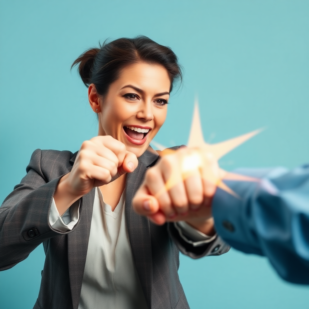 mature attractive business woman punching a man in the face, the fist is hitting his face and making strong impact