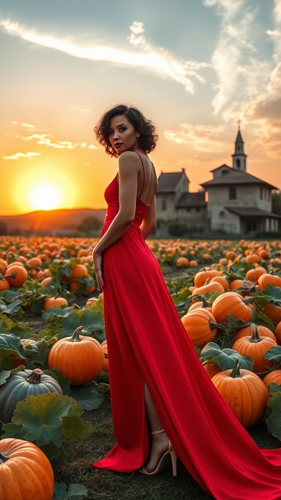 On the left, a beautiful model in a long red dress, with short layered curly black hair, wearing 12 cm heels, in the background a field of large orange pumpkins, a Venetian village with a farmhouse and a little church, a sunset sky with the sun and white clouds.