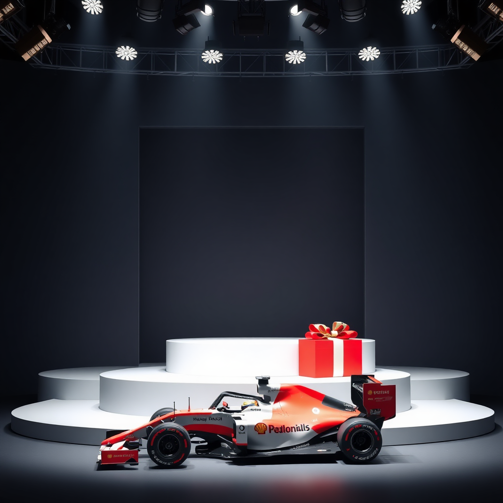 opened gift box in the podium with a F1 car infornt of the podium