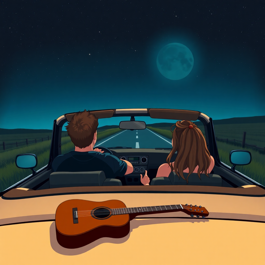 An image of a young couple driving down country roads in the middle of the night with the moon out and the stars above in their convertible car with the top down. The guy is in the driver's seat. The woman in the passenger seat. There is a guitar on the dash.