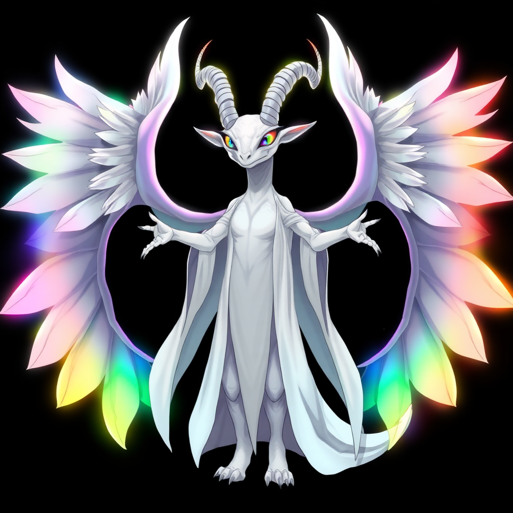 (Anime Styled Art) Against a deep black background, a tall, white reptilian humanoid resembling a goat stands gracefully. Its striking rainbow eyes glimmer with intensity, complemented by two elegant white horns that curve upwards. Clad in flowing white-black robes, the figure is enveloped in a chaotic rainbow aura that radiates vibrantly around its entire body. With arms extended outward, it showcases three large ethereal angel wings that add an air of divine mystique.