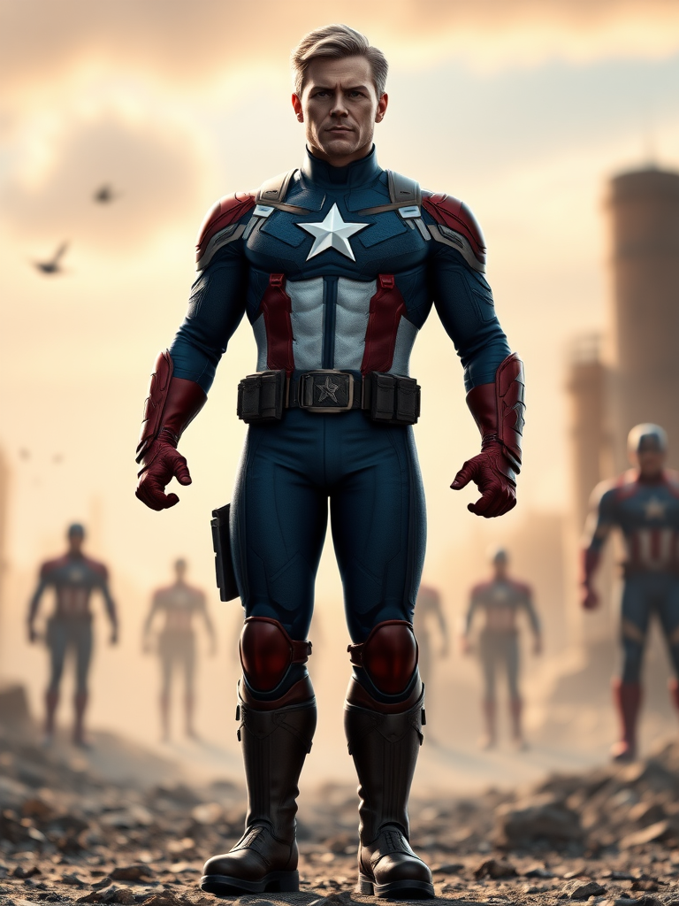 Create a hyper-realistic full-length render of Steve Rogers featuring the body type of Power Girl. Maintain the original head while modifying the silhouette to reflect Power Girl's physique. Position the character in a background that harmoniously blends elements relevant to both characters, capturing their heroic essence. Focus on details such as costume textures, lighting, and shadows to enhance realism, ensuring the final image showcases both strength and personality.