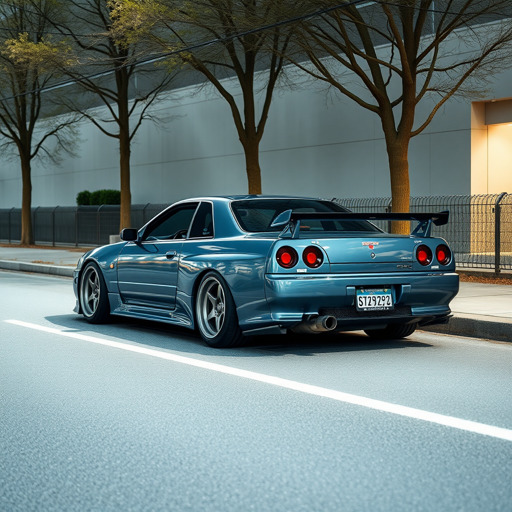 the car is parked on the side of the road, inspired by Taiyō Matsumoto, tumblr, restomod, nd4, c4 metallic shine nissan skyline r34