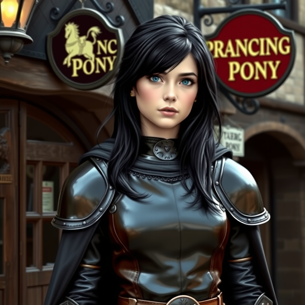 beautiful young woman, dark hair past her shoulders, blue eyes, small, slim figure, wearing full leather armor suit, long cloak, standing next to medieval tavern with sign: "Prancing Pony".