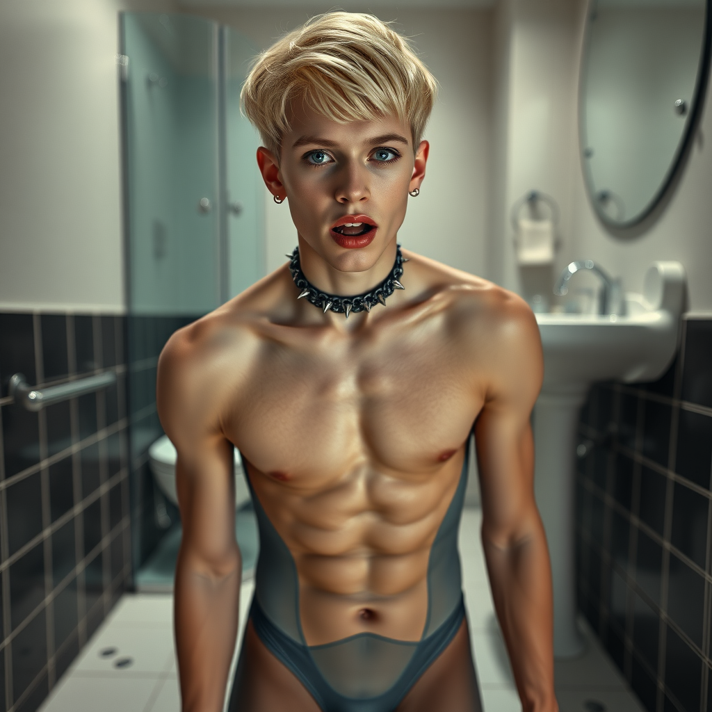 photorealistic, ultra high resolution, 16K, surreal fantasy, soft studio lighting, Caleb Swift is a pretty 16 year old goth male, slim male physique, blonde hair, blue eyes, goth makeup, earrings, grey pantyhose body suit, spikey neck collar with chain, standing on the floor of the bathroom, excited mouth, bulging crotch, full body front view of Caleb facing the camera.