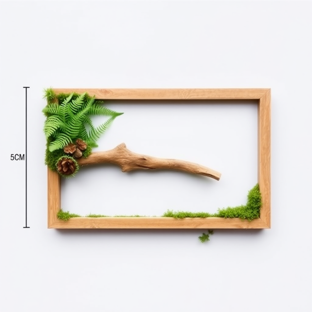 A horizontally placed frame measuring 20 centimeters long, 15 centimeters wide, and 5 centimeters deep is filled with ferns and moss, with a piece of dead wood in the center. Moss covers the empty corners of the frame.