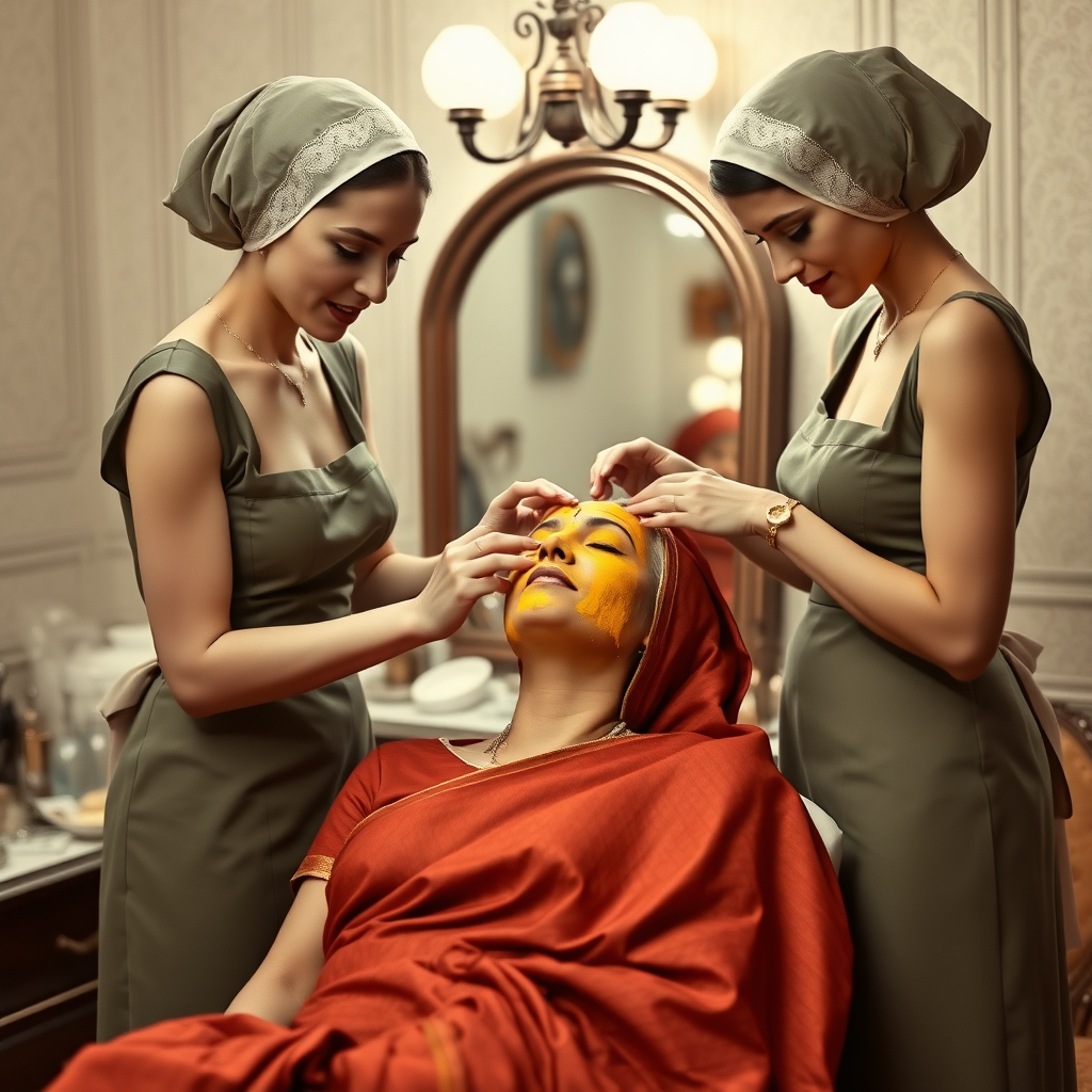 2 slim French maids, wearing hair nets, working in a beauty parlour, giving a turmeric facial to a rich, traditional Indian wife.