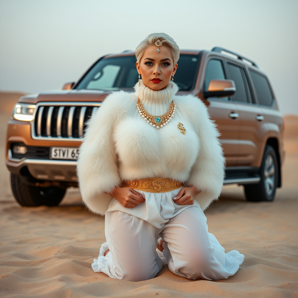 Kuwait desert dunes misty dawn, full size luxury SUV: Melissa, European 17 years old very convincing femboy “trophy-bimbo”, tamed servile docile, very beautiful feminine flawless face, rather short, by hormones very curvaceous womanly figured, platinum blond short tight curls, bold red lips, heavily made-up face, wearing Supertanya-style fluffy very fuzzy bright white angora turtleneck-poncho cropped ending under bust decorated with pearls and gemstones, striking oriental wide gold bridal protection belt, white fully transparent harem pants, full Oriental bridal jewelry including headpiece, nose-ring, coin anklets, striking diamond “$$$” letter brooch on left chest, pout frustrated, hands tied behind back, kneeling in sand in front of SUV, looking at camera. Focus on face and turtleneck-poncho.