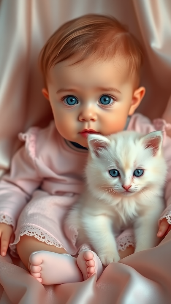 A beautifully detailed portrait of a baby and a fluffy white kitten sitting together. The baby has big blue eyes and wears a soft, vintage lace dress in a delicate pastel pink color. The kitten also has blue eyes, matching the baby, and its fur is soft and fluffy. They are sitting on a silky, elegant fabric with a soft, dreamy lighting that creates a warm and calm atmosphere. The image is realistic, capturing the innocence and cuteness of both the baby and the kitten, with a classic, old-fashioned photography style.