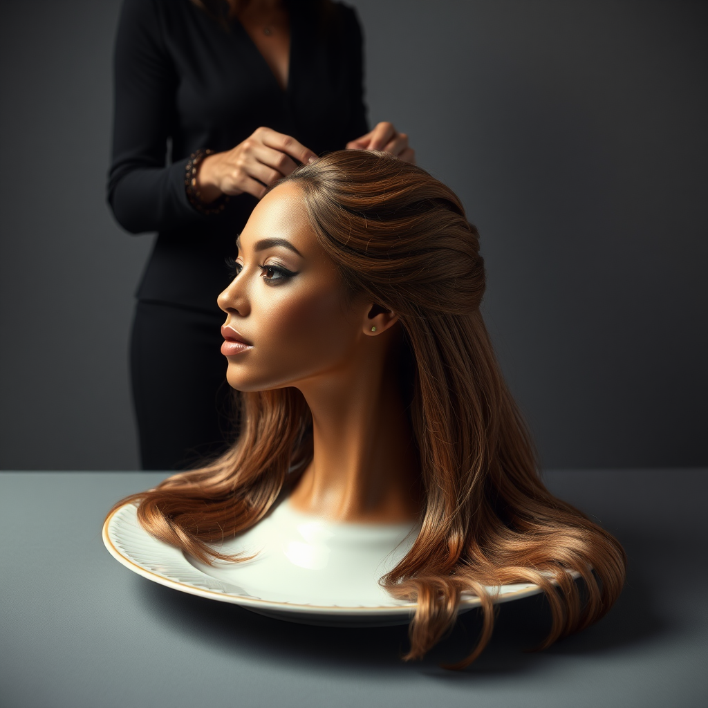 In a surreal and provocative scene, a beautifully tethered, disembodied head of Beyoncé rests gracefully on an elegant porcelain plate, her long, luxurious hair cascading like a waterfall of silky strands around the edges, creating a striking contrast against the stark, muted gray background. The sheen of her skin glows softly, exuding an air of ethereal beauty, while her chin rests delicately on the plate, poised and serene. Behind her, a skilled hairdresser, clad in chic black attire, stands with a focused expression, gently teasing and arranging her magnificent hair with nimble fingers, creating intricate patterns that defy gravity. The atmosphere is oddly intimate yet surreal, blending an appreciation of beauty with an unsettling twist, as soft light casts subtle shadows, enhancing the textures of both hair and porcelain. The air is filled with a quiet stillness, broken only by the subtle sound of the hairdresser’s scissors snipping rhythmically and the faint fragrance of hair products mingling with the cool air, heightening the unusual but captivating atmosphere of the scene.