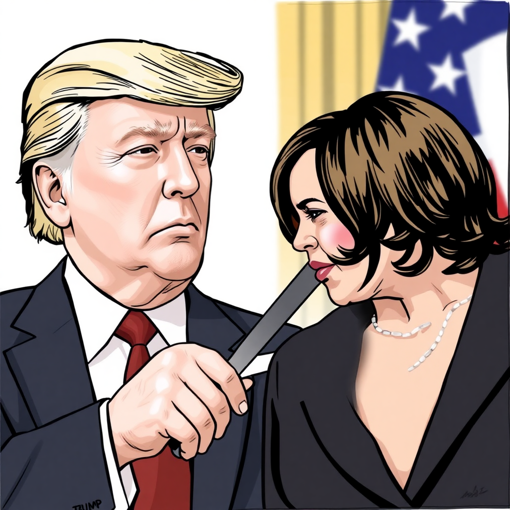 Donald Trump cutting Kamala Harris's hair.