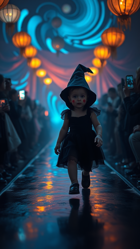 Create an eerie yet captivating scene featuring a small, 7 month old child-like witch walking confidently down a dark runway, surrounded by spectators. The witch wears a black dress, a black long cap, and has a black tattoo on her face. The face has exaggerated, creepy makeup with thick red lips, black eyebrows, and large red circles on the cheeks.

The background features swirling, abstract light patterns in blue, orange, and yellow hues, creating a surreal and unsettling atmosphere. The audience, dimly lit on either side, holds up their phones and cameras to capture the moment, but their faces are mostly obscured in the shadow, adding to the mysterious mood. Overhead, several more colorful lights and hanging decorations give a circus-like vibe, but the overall tone is more eerie than playful. The ground is wet, reflecting the lights above, creating a sense of depth and texture, adding to the haunting atmosphere.