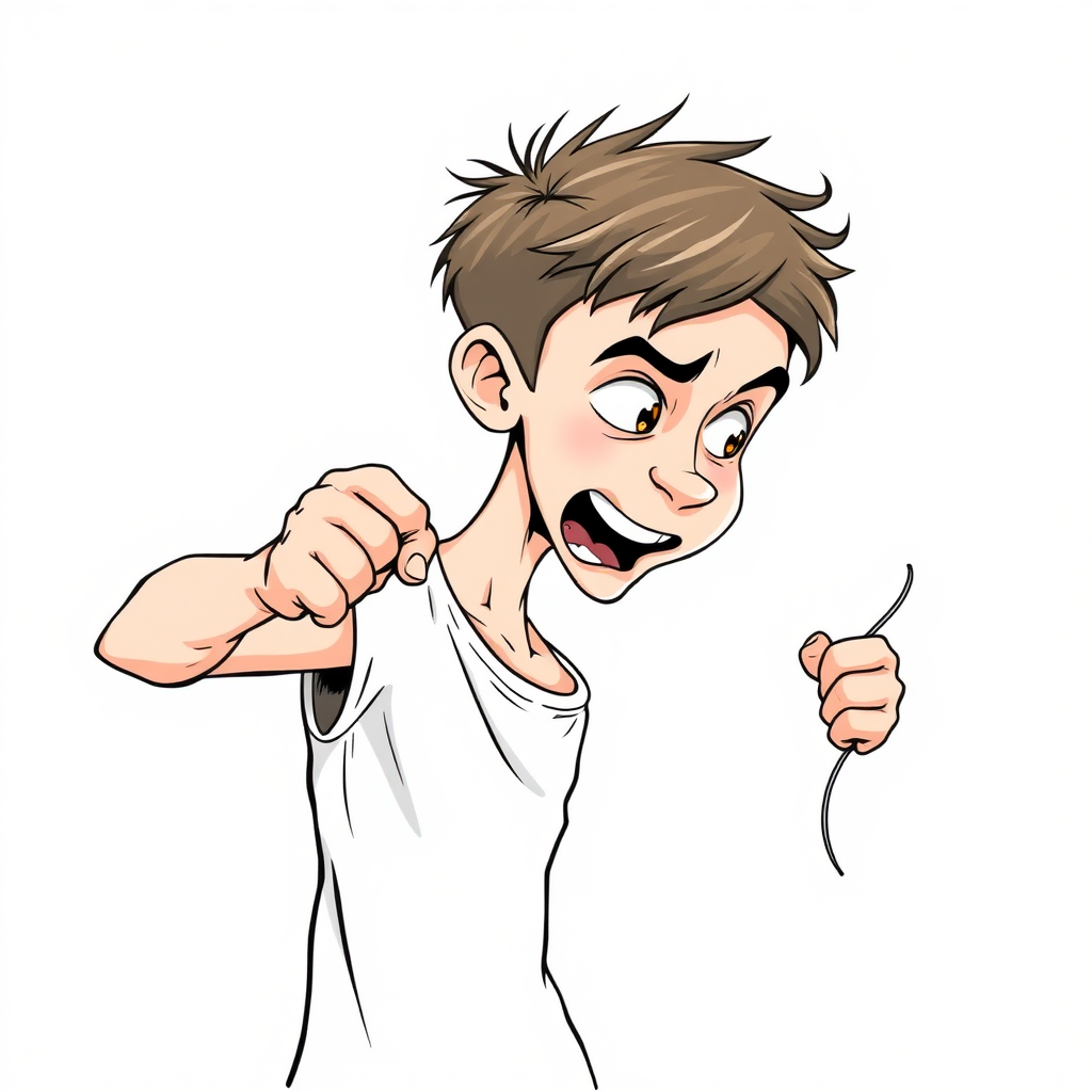 short 15 year old european skinny boy, punching a balloon, tense fabric, massive hernia in the balloon, side view, 2D, caricature, cartoon, Sketch lines, coloring book, coloring book style on white background, well composed, clean coloring book page, No dither, no gradient, strong outline, No fill, No solids, vector illustration, realistic proportions