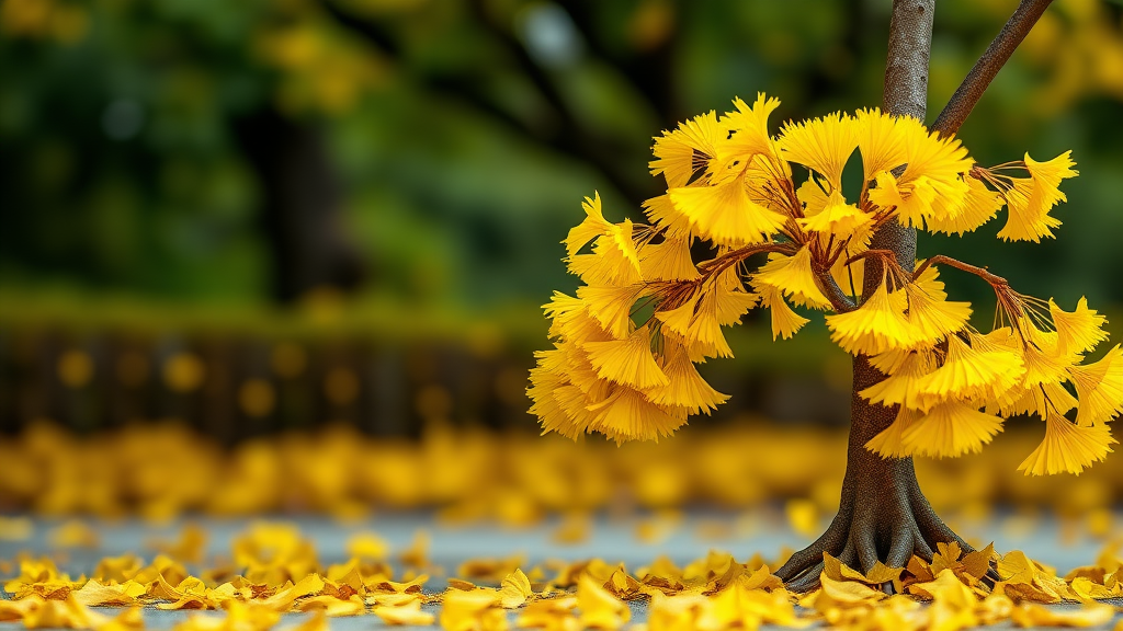 A realistic-looking yellow ginkgo tree, the layout features a large yellow ginkgo tree positioned on the right side, with ginkgo leaves scattered below, and the background presented in out-focus.