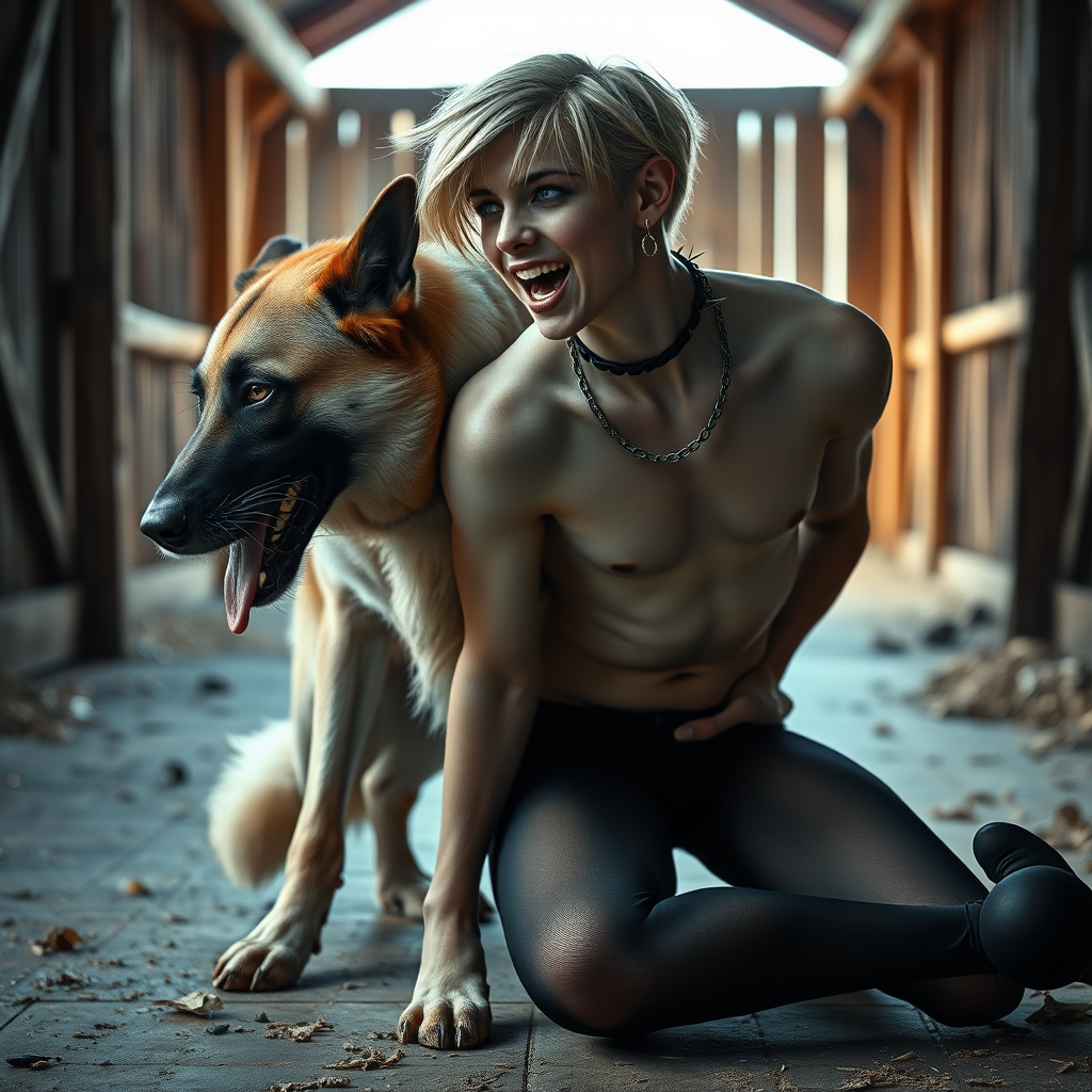 photorealistic, ultra high resolution, 16K, surreal fantasy, soft studio lighting, Caleb Swift is a pretty 16 year old goth male, slim male physique, blonde hair, blue eyes, goth makeup, earrings, sheer black pantyhose, spiky neck collar with chain, kneeling and leaning forward on the floor of the barn while his large dog rests its front legs on Caleb's back, during daytime, excited open mouth smile, small black ball-gag, drooling a stream of saliva from his mouth, bulging crotch, full body in wide view from side with Caleb facing the camera.