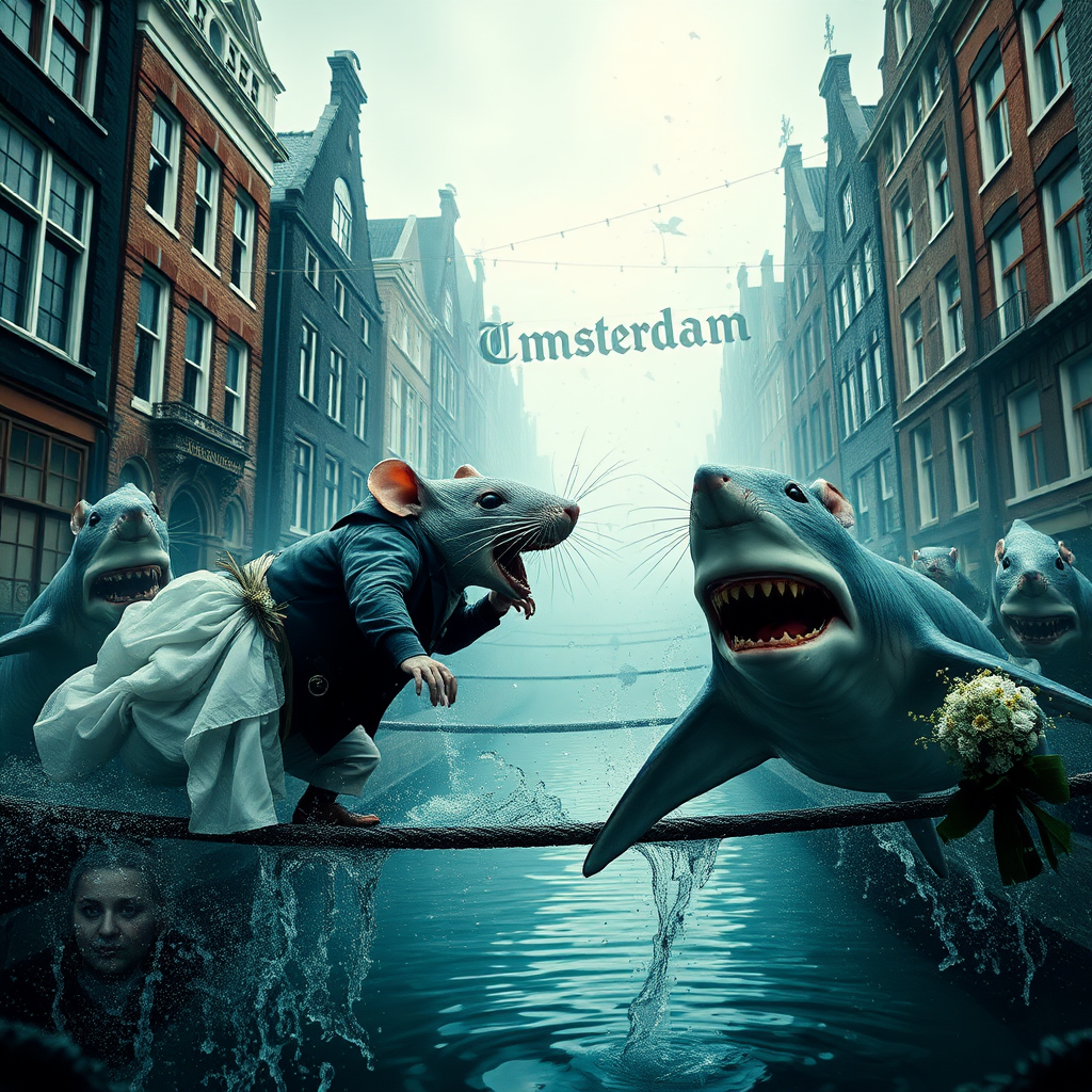 A rat wedding being attacked by hammerhead sharks, no text, Lovecraftian, in Amsterdam, steam punk