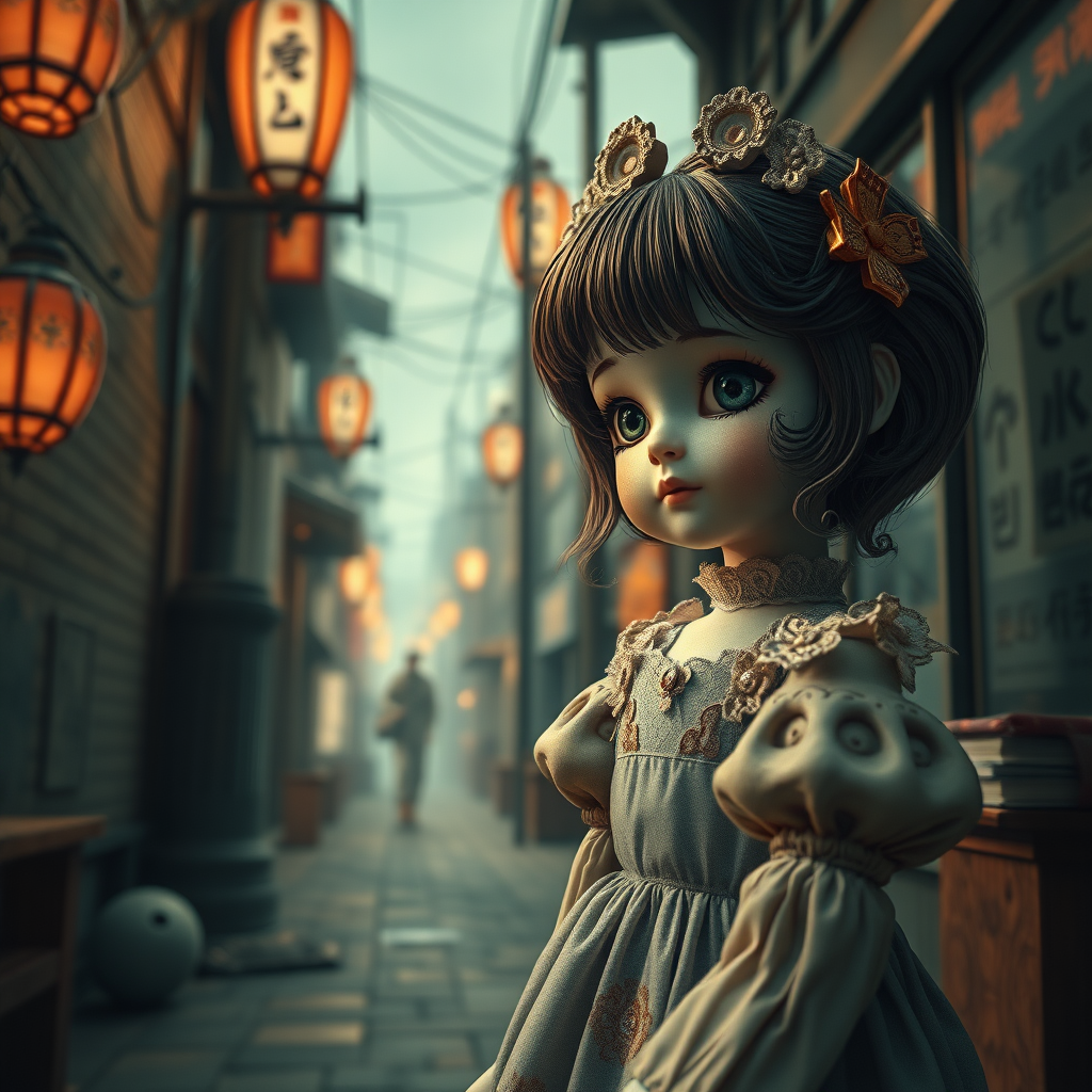 a cute porcelain doll, bjd, poster, perspective, cinematic still, high quality photo, by victo ngai, by Masamune Shirow, by wadim kashin, by audery_kawasaki, by ismail inceoglu, by amy sol, outline, hyperrealism, by klimt, by Mab Graves, intricate environment, ultra-detailed cinematic shot, impressionistic