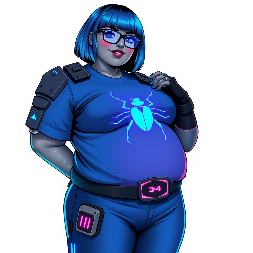 A 28-year-old, full-figured, metallic middle gray skinned computer program hybrid with a vibrant maximum blue bob cut. She has a non-athletic build, highlighted by a prominent, round, large midsection (fully emphasizing her round large belly) while being covered by her large t-shirt, reflecting her new junk food eating habits influenced by her boyfriend. As the full-figured, nerdy, digital sidekick to her cyberpunk vigilante boyfriend, her middle gray metallic skin and maximum blue lipstick underscore her digital essence. She dons a digital, computerized outfit: a large, tight-fitting, high-tech, maximum blue t-shirt with neon blue glowing beetle themed accents complete by a giant neon blue glowing beetle icon on the chest, hi-tech shoulder pads with neon blue accents, a black hi-tech belt with a digital sapphire beetle buckle, digital maximum blue pants with neon blue accents, and black hi-tech gloves with neon blue glowing accents. Her neon blue glowing eyes, black eyeglasses with neon blue lenses equipped with a built-in HUD, and shy smile with neon red blush highlight her nerdiness. She stands bashfully with one hand behind her back and the other gently touching her cheek, her outfit covering all her bare skin and fully emphasizing her full-figured physique (especially her large belly). She is clearly non-athletic, with a heavy focus on her full-figured physique (with full emphasis on her large belly). Despite her build, she radiates beauty. Her slim face contrasts with her physique, accentuating her radiant beauty. She is set against a solid white background. She is drawn as if she were in a retro 2D cyberpunk fighting game.