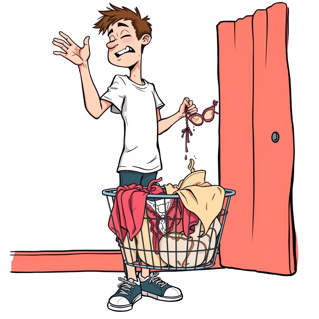 nervous short 20 year old european skinny man, short white t-shirt, standing, stunned, mesmerized, joyful, aroused, heavy drooling, heavy sweating, fumbling through a small dirty laundry basket full only of sexy woman heavily stained worn lingerie, detailed fabric, side view, sneakers, detailed feet, 2D, caricature, cartoon, Sketch lines, coloring book, coloring book