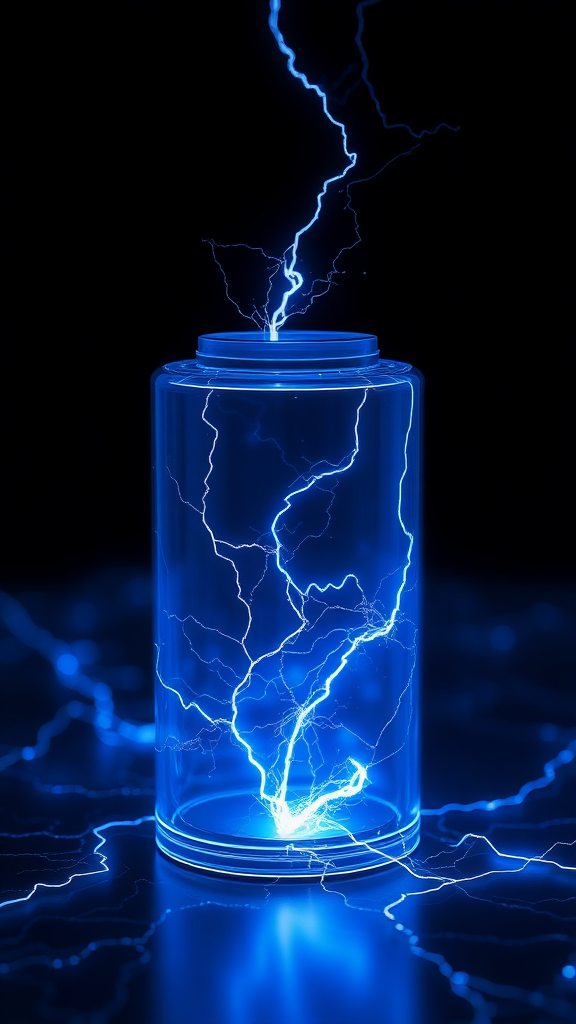 The appearance of an electric spark in a secondary battery cell, please express it as a realistic image using 3D rendering, express the background as a cybernetic and mysterious image, and express the overall color as dark blue.