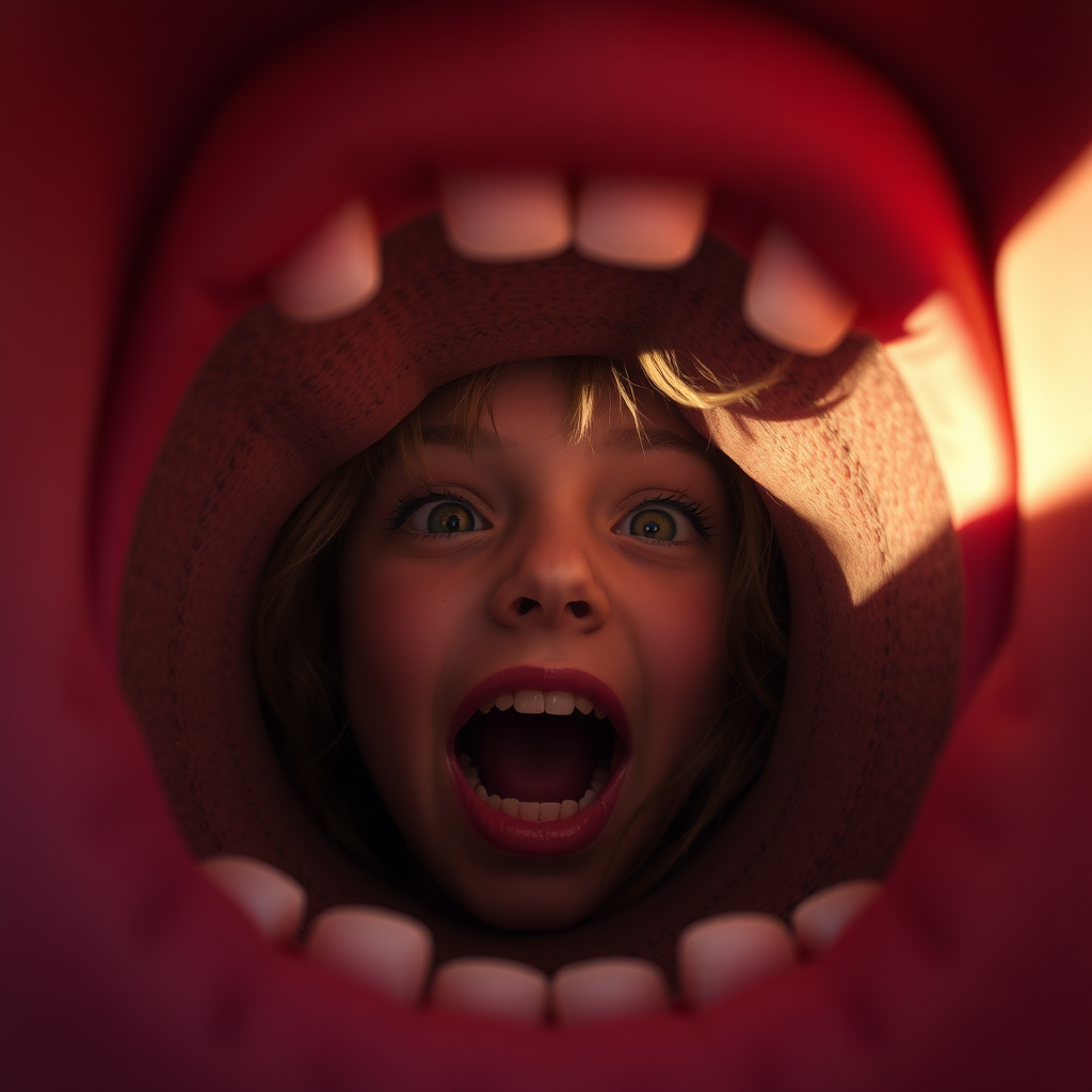 A view from inside a giant girl's mouth.