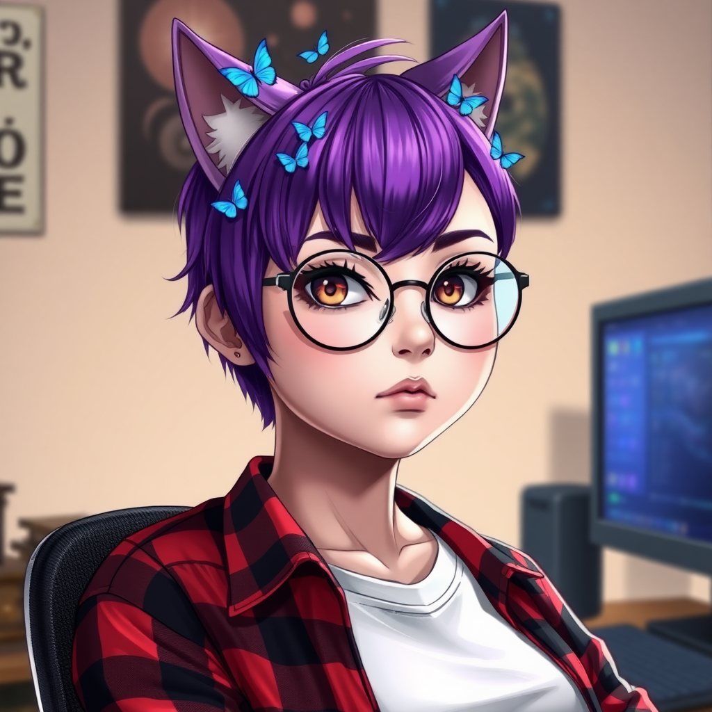 female lesbian cat-man with a large breast size of 90E, without makeup, serious with small blue butterflies on her head, a round face, with a purple undercut hairstyle, hazel eyes, dimples on her cheeks, chubby cheeks, wearing semi-round glasses, a red and black checkered shirt open over a white t-shirt, in front of a desk with a gaming PC, in digital art.