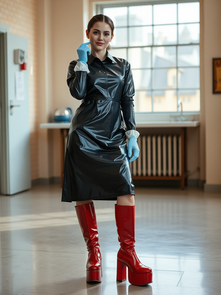 cute woman, cleaning rubber gloves, latex uniform, dress, shiny overknee platform boots