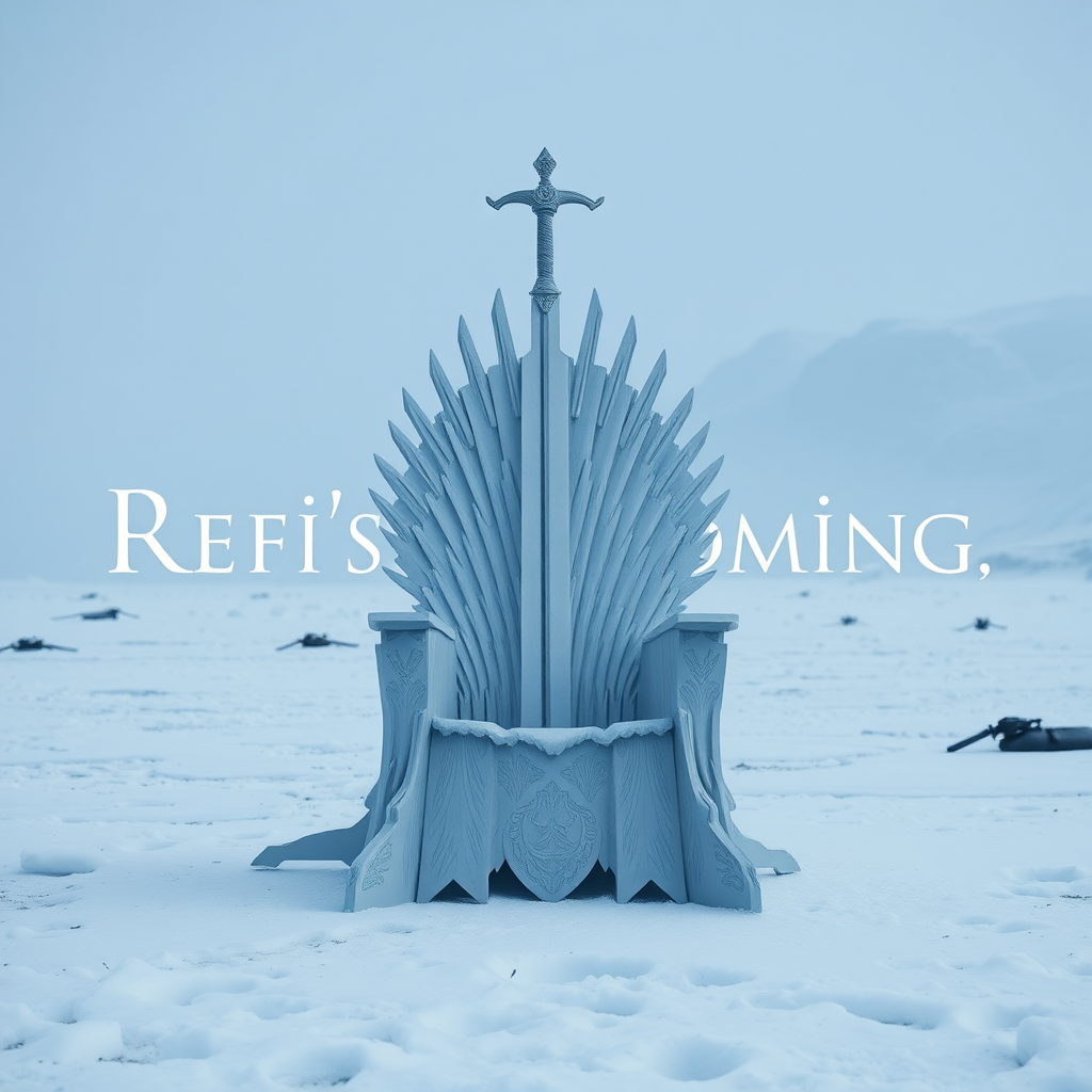 An epic movie scene in Antarctica depicting the game of thrones sword chair made out of white paper. The text in the background says “Refi’s are coming.” It should be similar in style to “winter is coming” vibes as shown in the movie. Epic blizzard storm. Photorealistic.