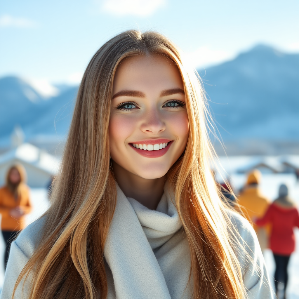 beautiful happy young woman with cherry blonde long hair, full lips, perfect eyebrows, pale skin, on Alaska during winter in Anchorage on sunny snow day