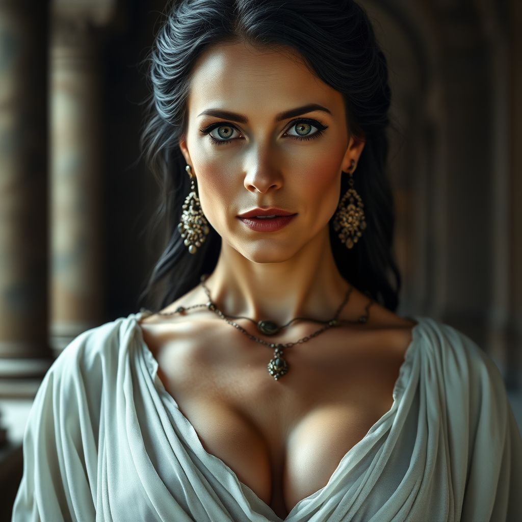 The female queen, aged 40, possesses pale skin complemented by striking grey eyes and a seductive gaze, with black Greek-style hair that frames her youthfully smooth visage with subtle wrinkles. Her attire consists of a sheer, white, low-cut Roman garment that exposes her ample bosom, allowing the skin of her breasts to peek through the fabric. She adorns herself with elegant earrings and a necklace, exuding a captivating MILF allure within the grandiose setting of a majestic castle, all captured under the dramatic flair of cinematic movie lighting and presented with ultra-high-definition 8k photographic detail.