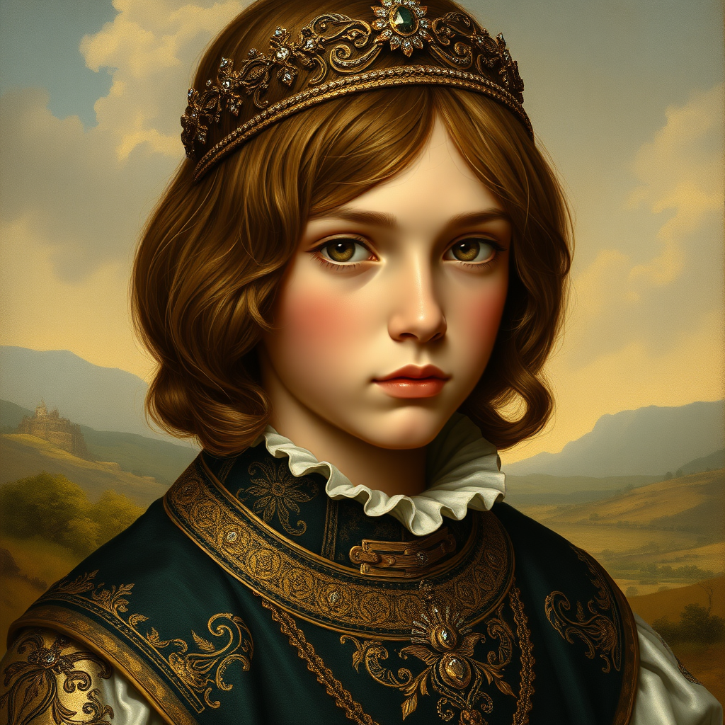 16yo teen boy prince, long bob cut, embroidered with gold and diamonds medieval cloths, diamond diadem, and Beautiful War. Free style by 75% Adolphe William Bouguereau, Academic realism and 25% Sandro Botticelli, early Renaissance. The background is in the style of landscape style by Antonio del Polaiolo, Generating the signature at the bottom: Viva FLUX and Bach, ultra high resolution, 16K,