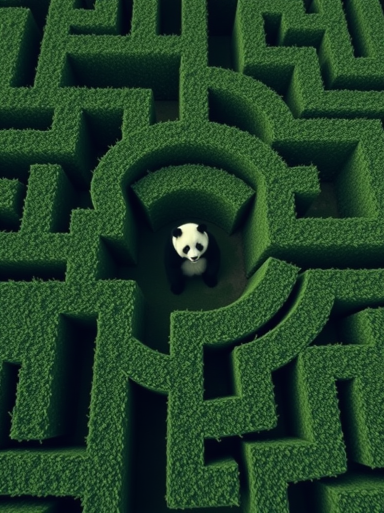 A bird's eye view of a large Victorian-style maze made of green hedges. Inside the maze, we can see a panda bear that is trying to escape the maze.