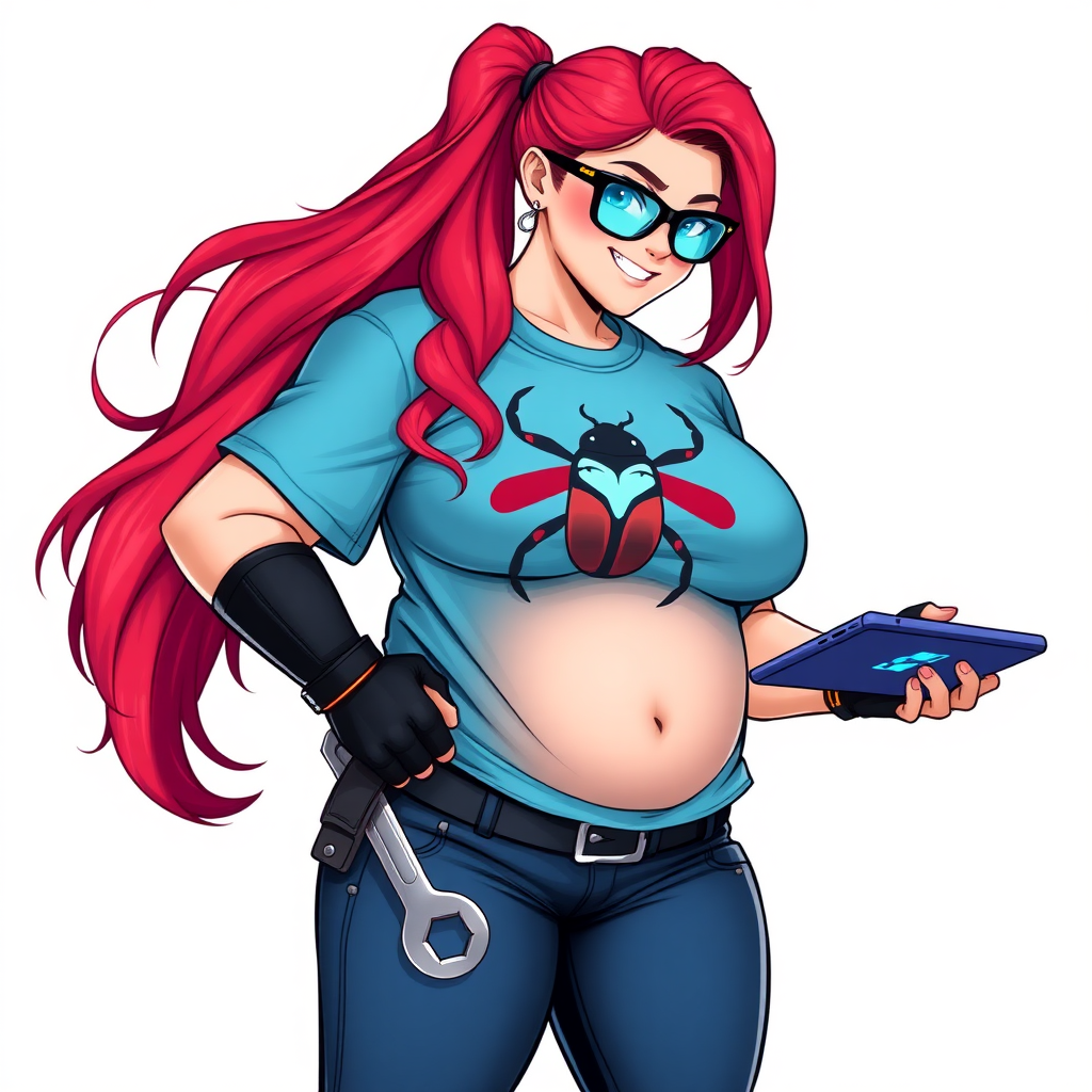 A 28-year-old, full-figured computer hacker and tech wiz girlfriend of a cyberpunk vigilante. Her long ruby-red ponytail, and striking, bright blue eyes make her stand out. Her wrecking ball-sized midsection, sequoia-sized limbs, and broad shoulders define her full figure, which has been heavily pampered by her doting boyfriend. Her nerdiness is blatantly obvious, and she serves as her boyfriend’s tech expert.

As the loyal and supportive sidekick, she plays a crucial role in their missions, using her digital and technological prowess to assist and protect. She wears an oversized maximum blue t-shirt adorned with a maximum turquoise beetle chest icon, black oversized eyeglasses, matching maximum blue biker pants, and black high-tech gloves. She beams with a neon red blush, holding a futuristic wrench and a digital holographic tablet. She is on a solid white background. She is drawn as if she was in a retro 2D cyberpunk fighting game. Her proportions are bloated to emphasize her figure.