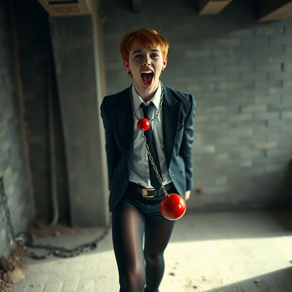 photorealistic, ultra high resolution, 16K, surreal fantasy, soft studio lighting, Tyler Swift is a pretty 18 year old goth male, slim male physique, auburn hair, goth makeup, earrings, shiny black pantyhose, school uniform shirt tie and blazer, Mary-Jane shoes, spikey neck collar chain and leash, red ball-gag, in a dungeon, the end of the leash is chained to the wall, in daylight, excited open mouth smile, drooling a stream of saliva, facing the camera.