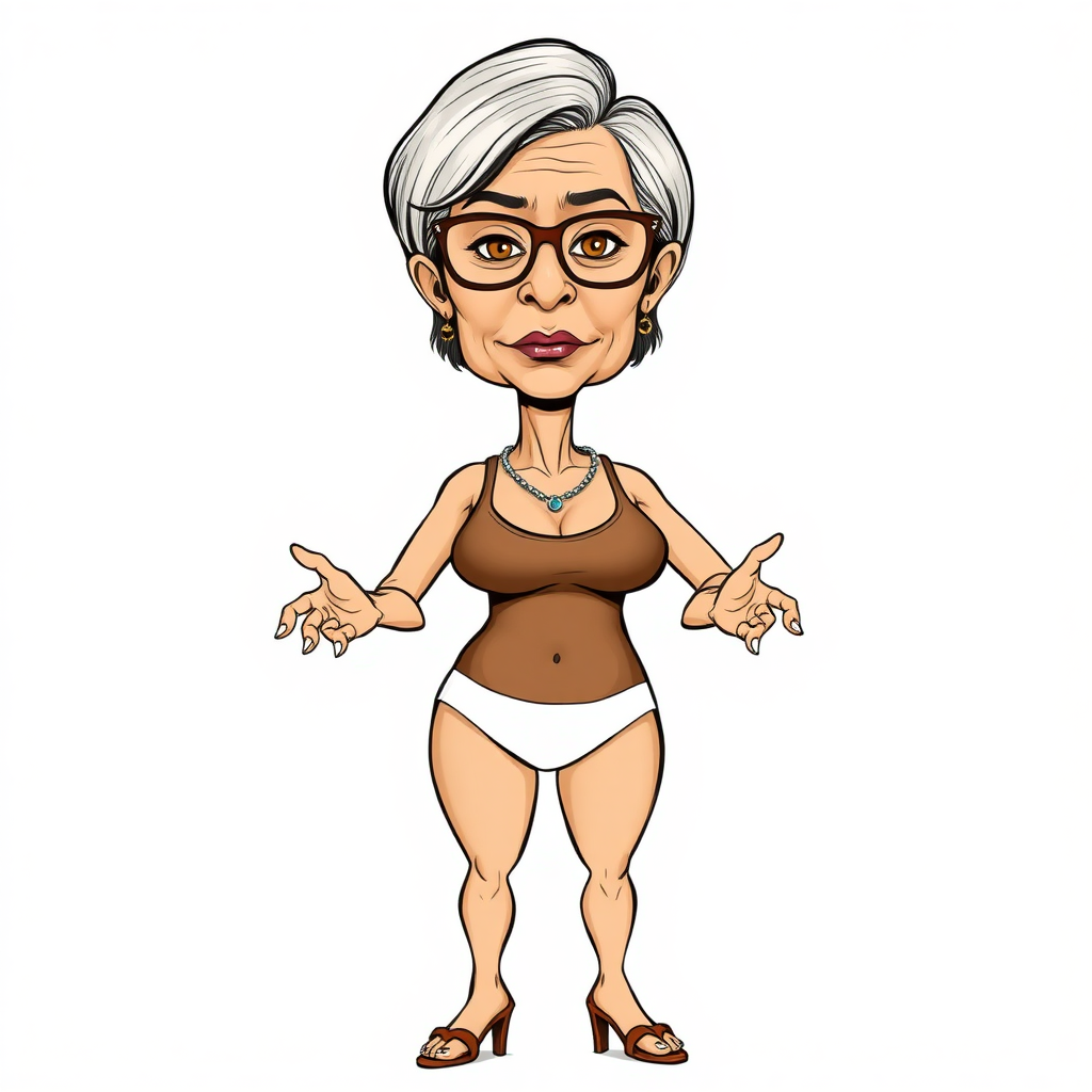 a towering 55 Years old, fit, slim, European, Latina, sharp aquiline nose, wrinkles, high cheekbones, Middle Eastern, Skinny, Tanned skin, Dark light skin, Rounded Medium breasts, Skinny thighs, full Makeup, jewelry, Serious face, Sharp nose, Ash hair, short bowl haircut, Brown eye color, Glasses, with detailed features. Hands on hips, she is wearing a brown tight tank top and tight white thong, detailed fabric. full body, high heels sandals, she is gesturing at the viewer, long establishing shot, 2D, caricature, cartoon, Sketch lines, coloring book, black and white, coloring book style on white background, well composed, clean coloring book page, No dither, no gradient, strong outline, No fill, No solids, vector illustration, realistic proportions