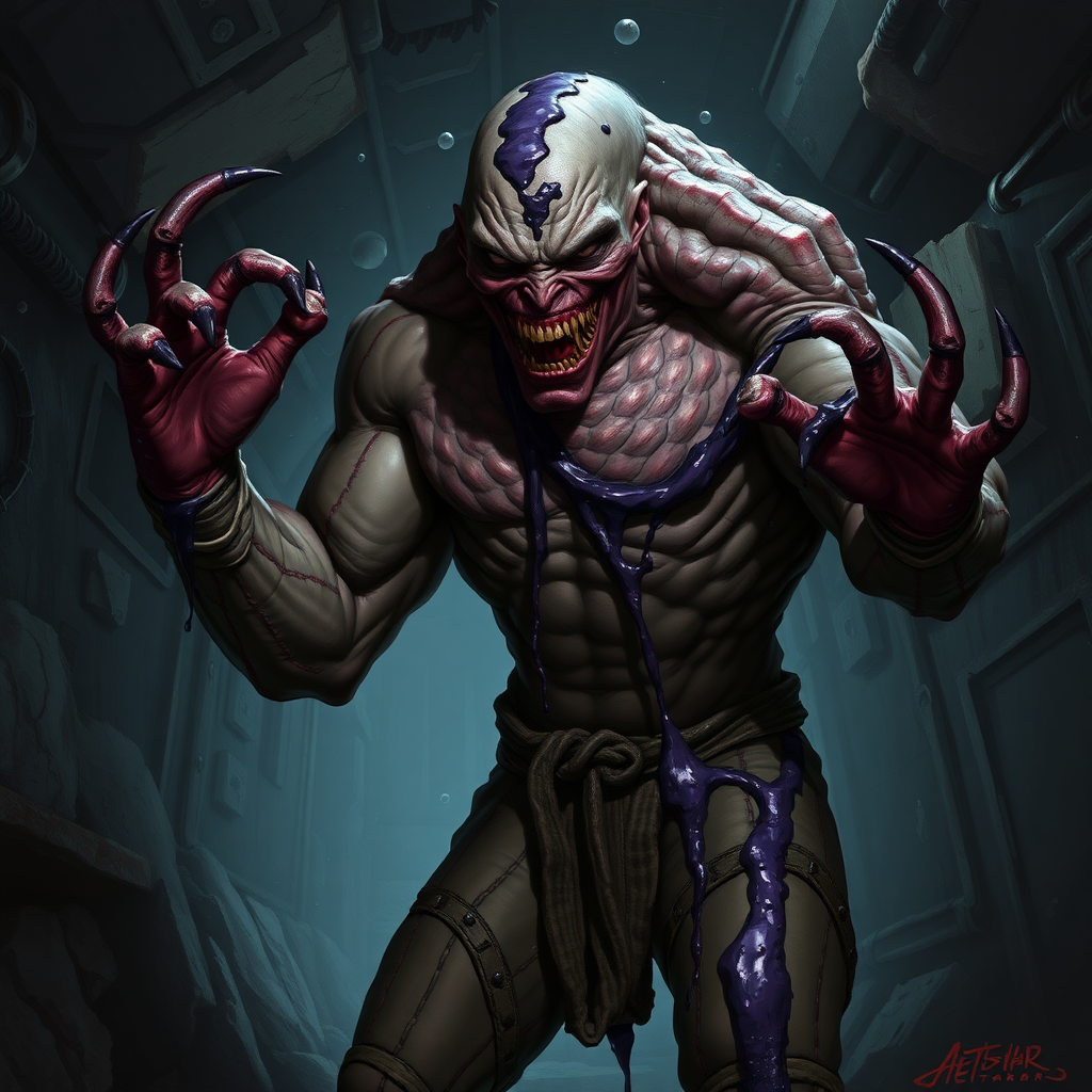 Sci-fi digital horror painting. Heavily mutated crew member, skin covered with sturdy scales, his body and limbs elongated and twisted while muscles ever tensing. Aggressive violent snarl on face. One hand has long sharp claws while the other looks relatively normal. Dark purple goo oozing all over him. Dark rocky industrial corridor.