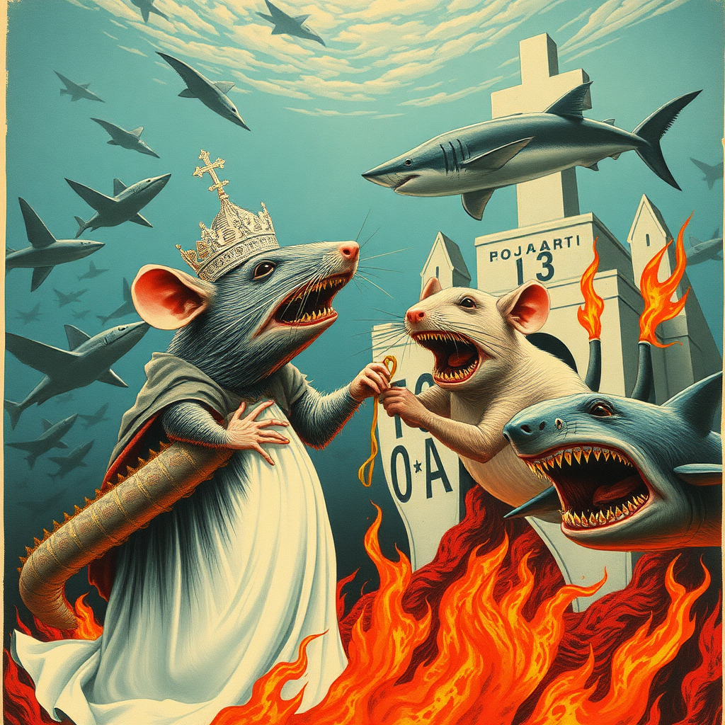 A rat wedding being attacked by hammerhead sharks, Catholic, Soviet propaganda poster, no text, Lovecraftian, in hell.