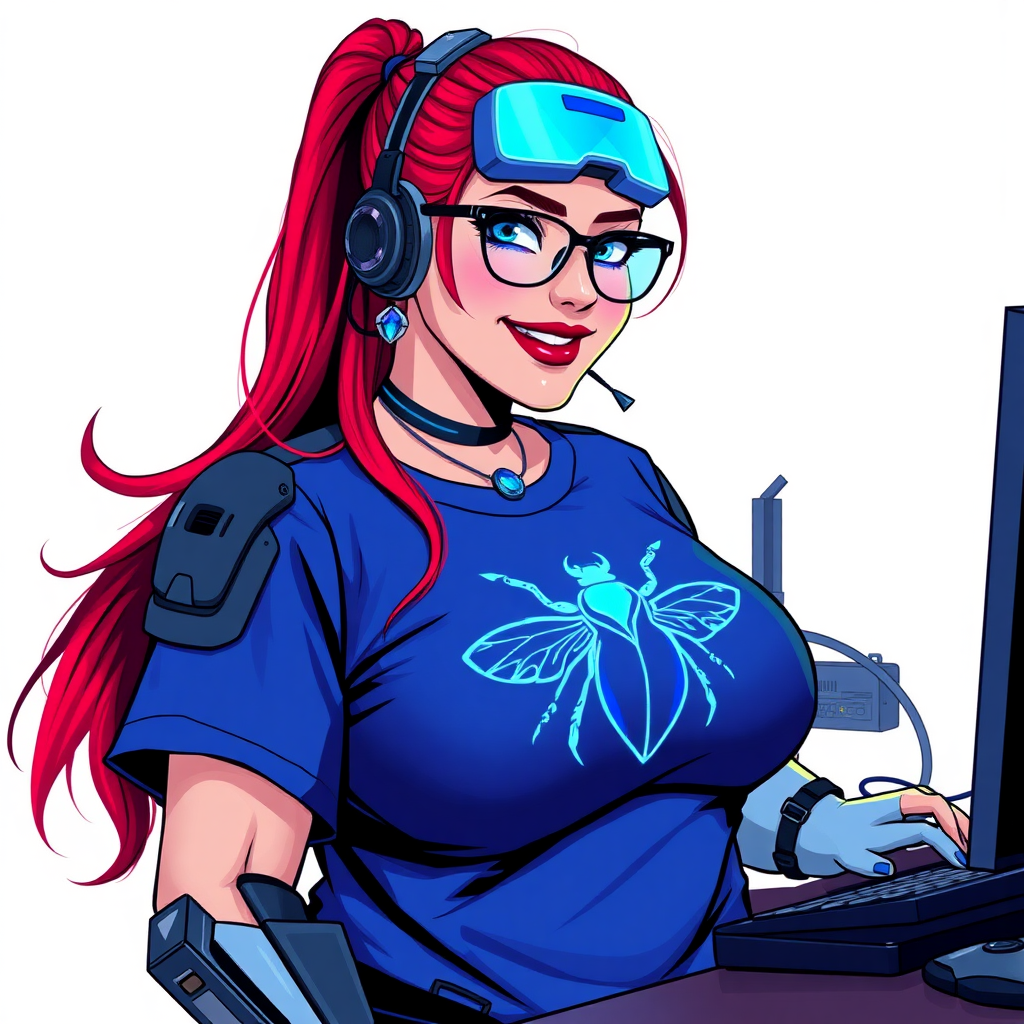 A cyberpunk vigilante’s full-figured intelligent and tech-savvy 29-year-old girlfriend, who is a computer hacker and tech genius. She has a long ruby red ponytail and bright blue eyes. She wears maximum blue lipstick, a sapphire beetle gemstone necklace, sapphire earrings, black eyeglasses, hi-tech metal arm armor, and an oversized maximum blue t-shirt featuring a neon blue glowing emblem of a winged beetle on its chest. She has a full-figured physique with a giant, round midsection, reflecting her well-cared-for lifestyle. She sports a sapphire headset with a hi-tech maximum turquoise lensed HUD, and a beaming smile with a passionate bright red blush. Despite her figure and a lack of self-esteem, she radiates beauty. She has a slim face which contributes to her radiant beauty. She serves as his tech expert from his hideout, diligently working at her lab table and computer desk. The background is solid white. She is drawn as if she was in a retro 2D cyberpunk fighting game.