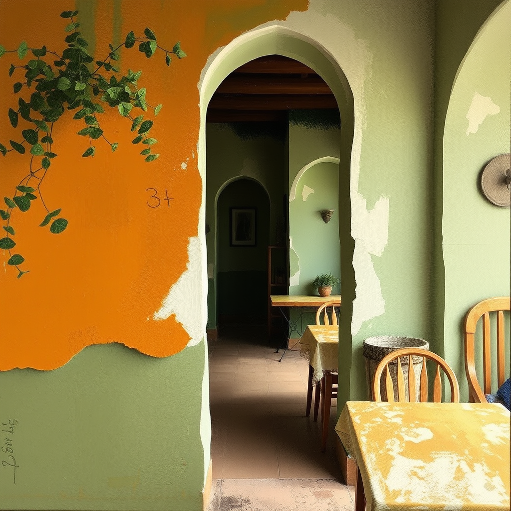 Original painting for a restaurant hotel in the hinterland of Nice. Family establishment off the beaten path. Work in the spirit of wabi-sabi painting, centered around green and ochre colors. Comforting painting, combining rustic and modernity.