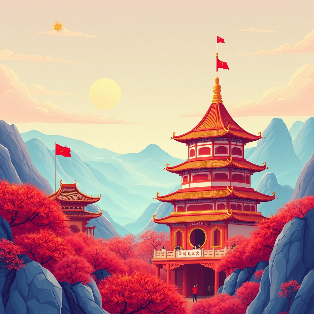 Template: Chinese art, The Chinese people celebrate their National Day, 【City Name, Landmark Name】, uses a psychedelic color scheme, ultra detailed, illustrations, light red and sky blue, fictional landscapes, psychedelic cartoons, mountain scenery, uhd images, illustration.