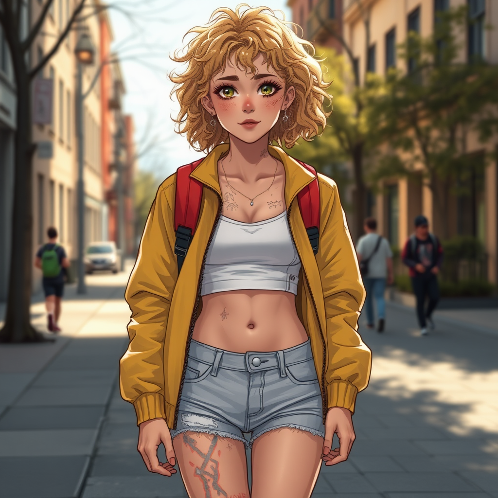 Realistic drawing style image, Extremely good quality 8k resolution drawn manga image of a 15 year old petite and short tomboy girl with golden blonde curly hair with mixed and different colored eyes for each eye and moles on her entire body and is a white American girl, Has on a Gold Jacket over a white extremely short crop top only covering her breasts and nothing more with a design on it, and has on ripped shorts and cool looking sneakers and a deep and big knife cut wound on her stomach from a huge injury she had, with a bright color backpack, ear piercings on, walking on the street to school in the morning with the beautiful sunlight lighting up her body beautifully with no tattoos.