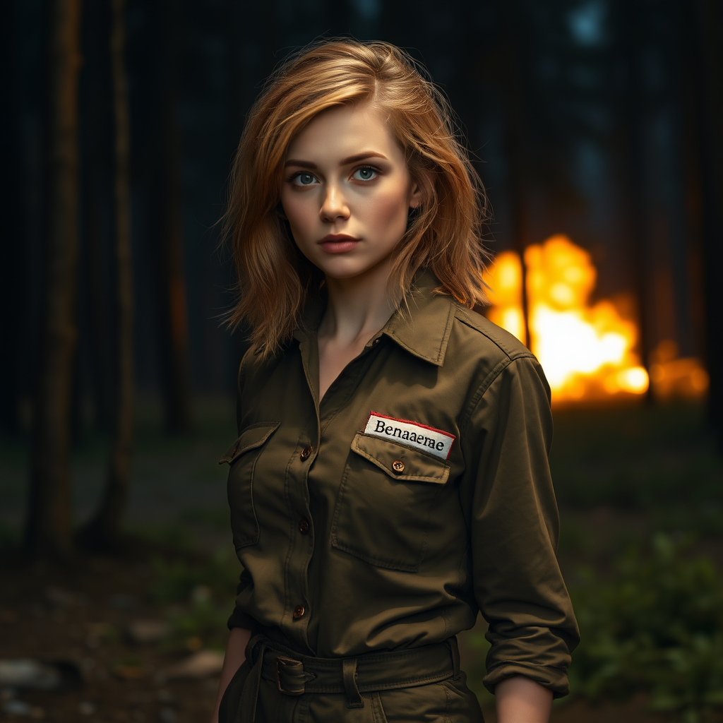 A twenty something female like Ana de Armas, athletic, medium length wild strawberry blond hair, in a brown jumpsuit, wearing a military uniform name tag sewn on her left chest pocket that says "Benaenae". She is in a forest at night, explosions in the background and trees all around.