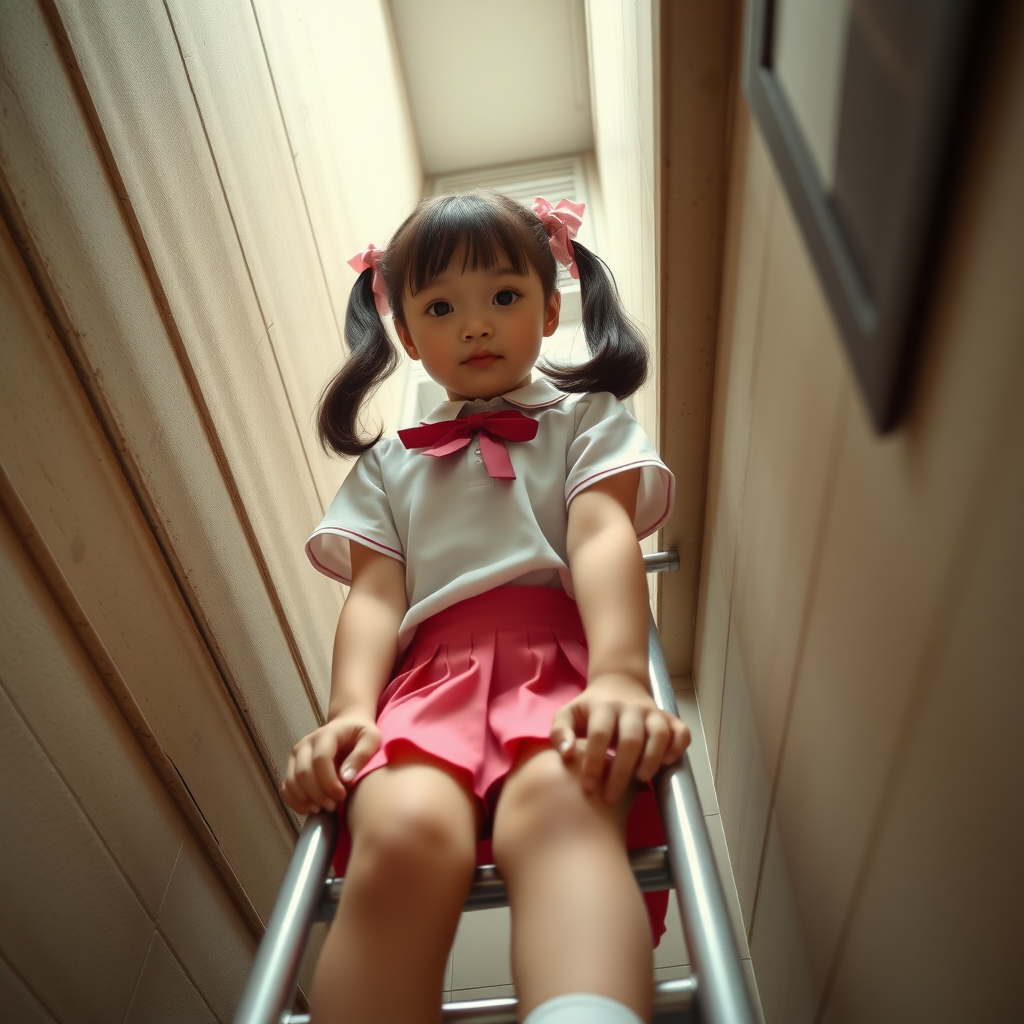 chubbyy 12 year old japanese schoolgirls in pink pigtails, tiny or small skirt, climbing a ladder, read low angle pov