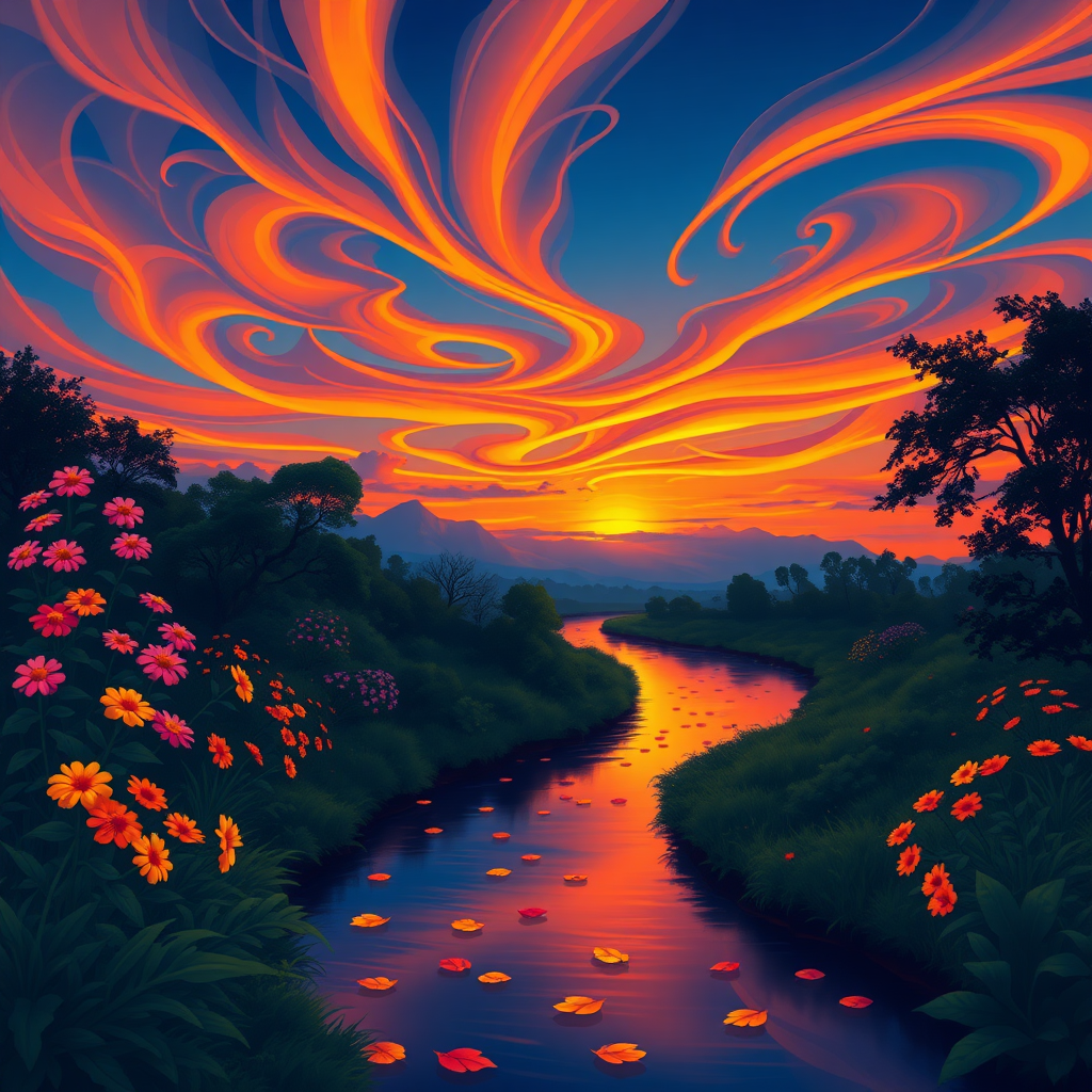 A serene, enchanting landscape at dusk, featuring a winding river reflecting the vibrant hues of the sunset. The sky is a dramatic blend of deep blue and warm orange, streaked with swirling clouds illuminated by the last rays of the sun. Surrounding the river, lush greenery and blooming flowers in vivid colors like pink, yellow, and orange add to the vibrancy. Silhouettes of trees frame the scene, creating a mystical atmosphere. The water is dotted with floating leaves, mirroring the colorful foliage. The aesthetics are highly saturated and painterly, reminiscent of a whimsical illustration, evoking a sense of tranquility and wonder.