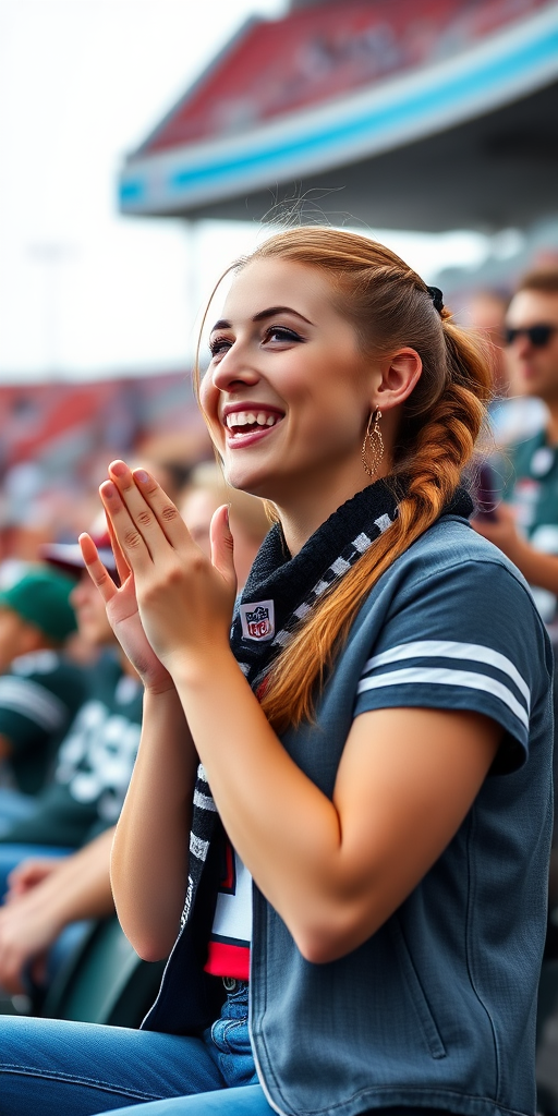 Attractive female NFL fan cheering, pigtail hair, bleacher row