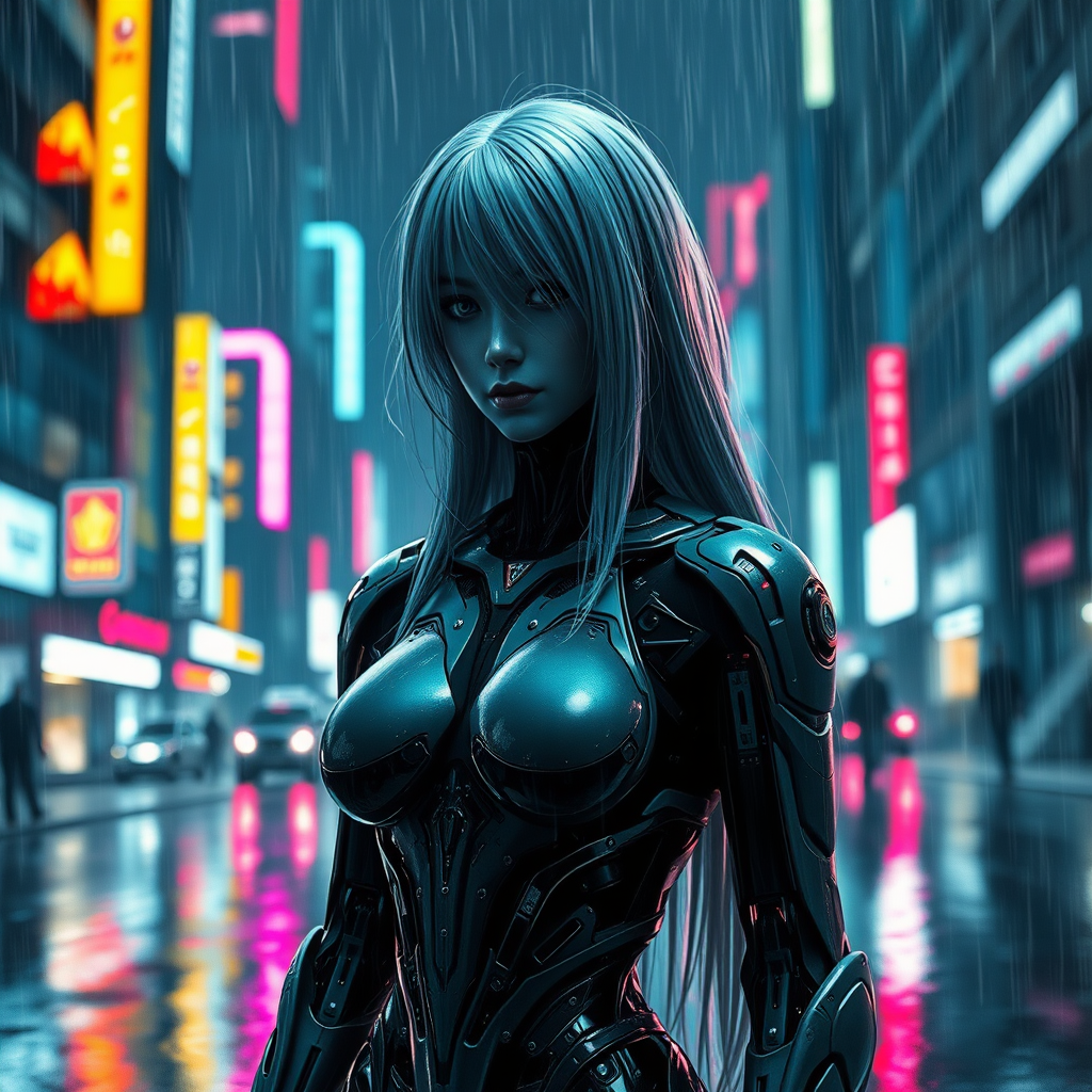 Create a photograph of a cyborg with the following characteristics.  
Cyborg design: Female gender. Standing. Long hair on head.  
Scene: Futuristic. Cityscape. Neon lighting. Night time. Heavy rain.  
Composition: Cyborg in foreground. The cyborg is facing forwards. Full view of cyborg. City in the background.  