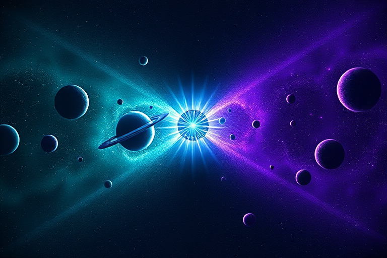 Small dot in the universe bursts into two other halves of universes with their own planets and stars, one side universe is greenish in color while the other half is more purple and has purple asteroids in it, there is a small point of concentrated energy at the center that explodes into both halves of the universe, with a large blue star in the center surrounded by both universes.