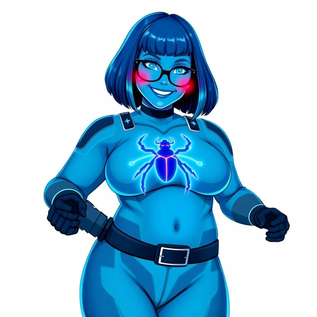 A 29-year-old computer science major, now transformed into a full-figured, nerdy digital sidekick for her cyberpunk vigilante boyfriend, with maximum blue skin. Her bob cut seamlessly blends with her skin, forming part of her data, and her neon blue eyes glow intensely. Her full figure is defined by a prominent round gargantuan midsection, sequoia-sized limbs, and broad shoulders. As a loyal and supportive sidekick, she plays a crucial role in their missions, using her digital skills to assist and protect.

She wears a digital, computerized bodysuit which blends with her hair and skin (appearing to merge together like computer data), all are colored maximum blue. The bodysuit has a glowing neon blue beetle chest icon, along with matching high-tech gloves. She bashfully giggles with a neon red blush, emitting neon blue data cubes from her body, set against a solid white background. Heavily pampered by her doting boyfriend, her full figure clearly shows this care. She has the ability to hack into computers and machines, and her nerdiness is blatantly obvious with her black oversized eyeglasses. Her full figure (especially her round gargantuan midsection) is prominently displayed and heavily emphasized. Her outfit is influenced by DC’s Jennifer Knight Phantom Lady but remains distinct. She is drawn as if she was in a retro 2D cyberpunk fighting game. Ensure her skin color is distinct from Inside Out's Sadness and any other character.