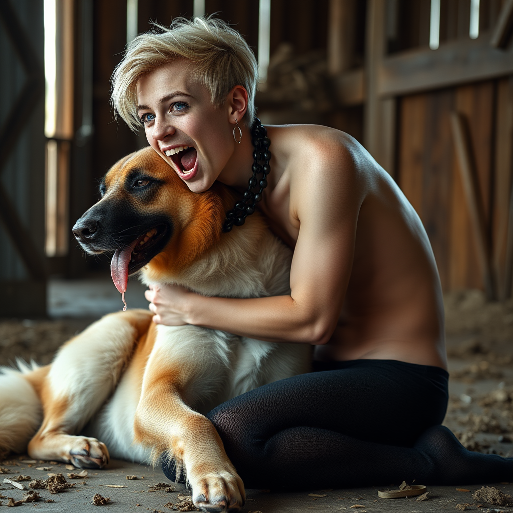 photorealistic, ultra high resolution, 16K, surreal fantasy, soft studio lighting, Caleb Swift is a pretty 16 year old goth male , slim male physique, blonde hair, blue eyes, goth makeup, earrings, glittering black pantyhose, spikey neck collar with chain that is connected to barn wall, on the floor of the barn straddling a large dog, during daytime, excited open mouth smile, small black ball-gag, drooling a stream of saliva from his mouth, bulging crotch, full body in wide view from side with Tyler facing the camera.